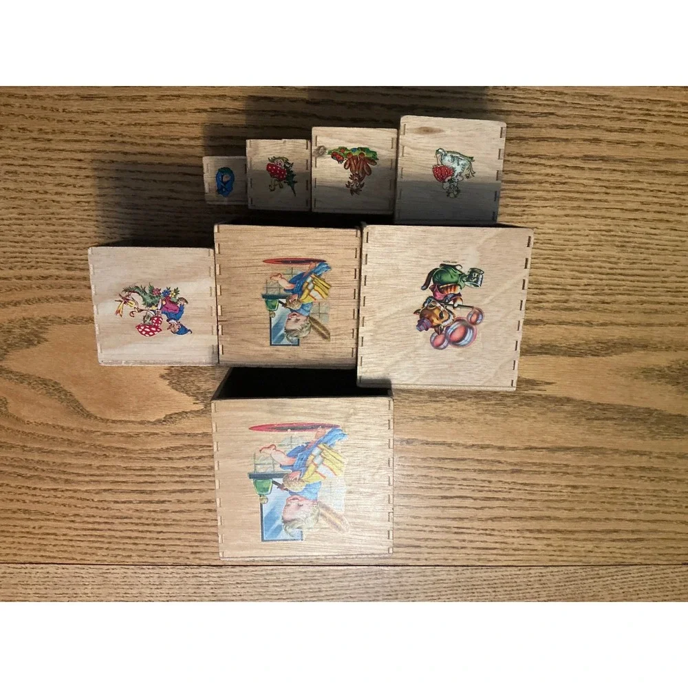 Vintage Hermann‎ Eichhord 8 Wooden Nesting Blocks Set Folk Art Character Decals